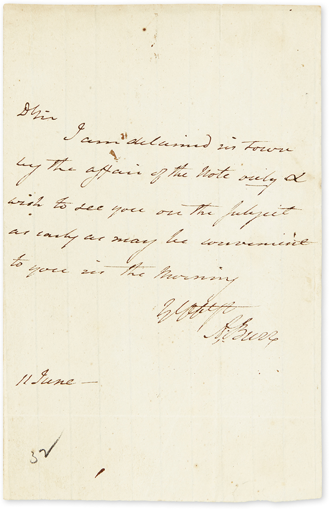 BURR, AARON. Brief Autograph Letter Signed, A.Burr, to Colonel Nicholson,